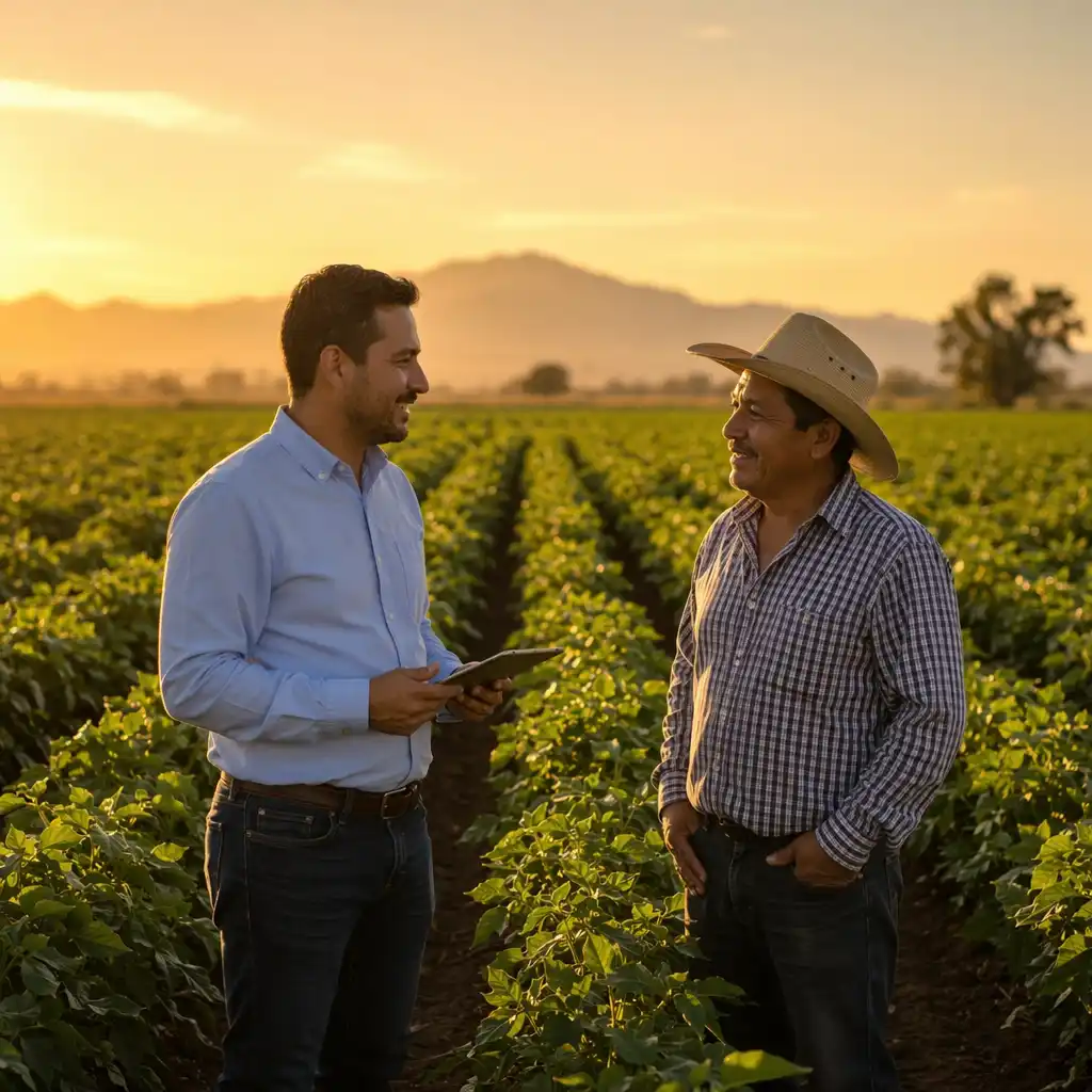 Asesor técnico GEXUS acompañando a un productor en un cultivo comercial regenerado con microalgas