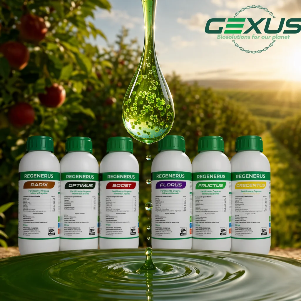 Línea de biofertilizantes REGENERUS de GEXUS a base de microalgas · Prompt: Línea de envases REGENERUS alineados sobre fondo neutro, iluminación de producto profesional, etiquetas legibles.