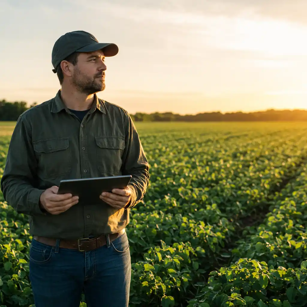 Distribuidor de fertilizantes biológicos GEXUS en campo mexicano · Prompt: Apretón de manos o agrónomo con tablet frente a un campo comercial sano, hora dorada, sensación B2B de confianza.