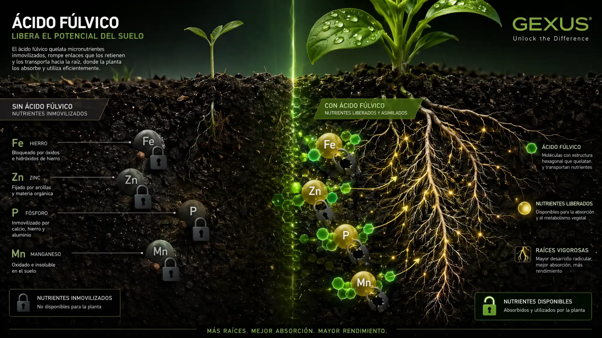 Diagrama del mecanismo de desbloqueo de nutrientes en el suelo agrícola con microalgas y ácidos fúlvicos