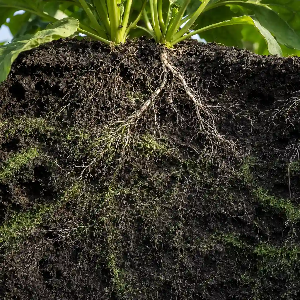 Suelo agrícola regenerado con microalgas vivas mostrando raíces densas y tierra fértil