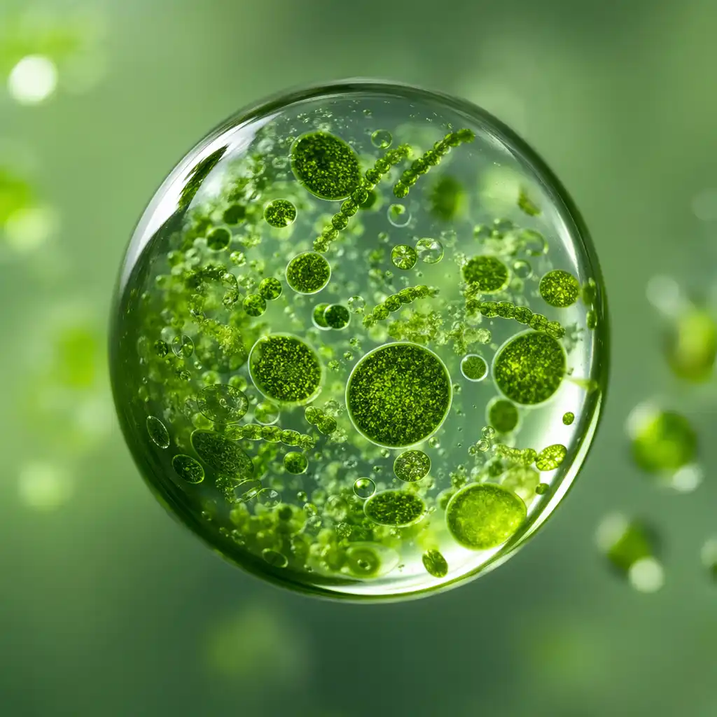 Microalgas vivas en suspensión activa bajo observación científica · Prompt: Macro de gota verde brillante con células de microalgas iluminadas, fondo limpio y científico, tonos verdes premium.